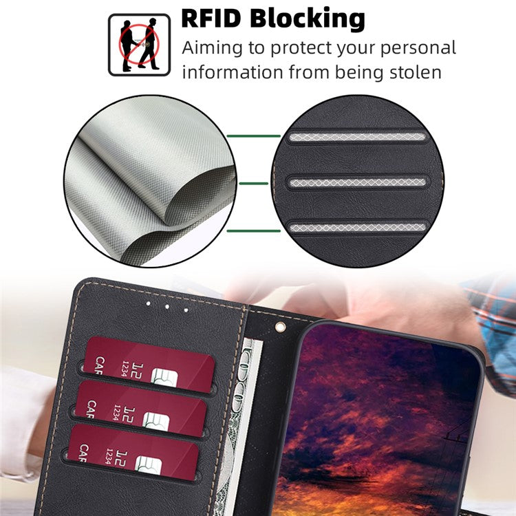 For Samsung Galaxy F14 5G RFID Blocking Wallet Phone Case PU Leather Cowhide Texture Stand Cover - Black