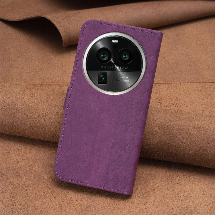 Phone Case for Oppo Find X6 Pro PU Leather Grid Pattern Imprinted Cover Stand Wallet Drop-proof Shell - Purple