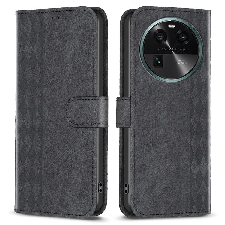 Phone Case for Oppo Find X6 Grid Pattern Imprinted Cover Stand Wallet PU Leather Drop-proof Shell - Black