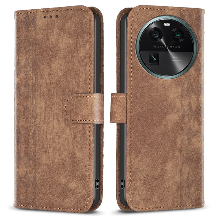 Phone Case for Oppo Find X6 Grid Pattern Imprinted Cover Stand Wallet PU Leather Drop-proof Shell - Brown