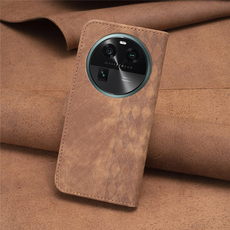 Phone Case for Oppo Find X6 Grid Pattern Imprinted Cover Stand Wallet PU Leather Drop-proof Shell - Brown
