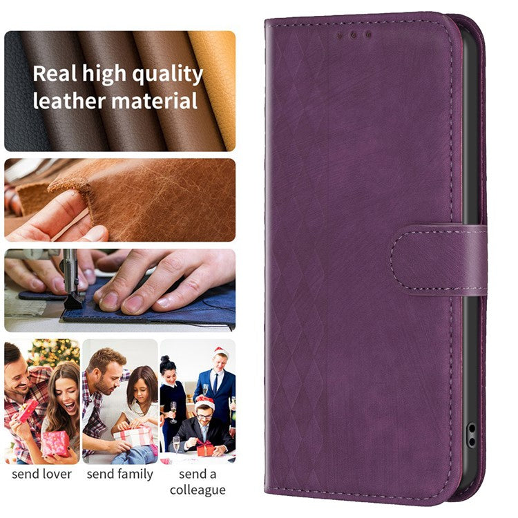 Phone Case for Oppo Find X6 Grid Pattern Imprinted Cover Stand Wallet PU Leather Drop-proof Shell - Purple