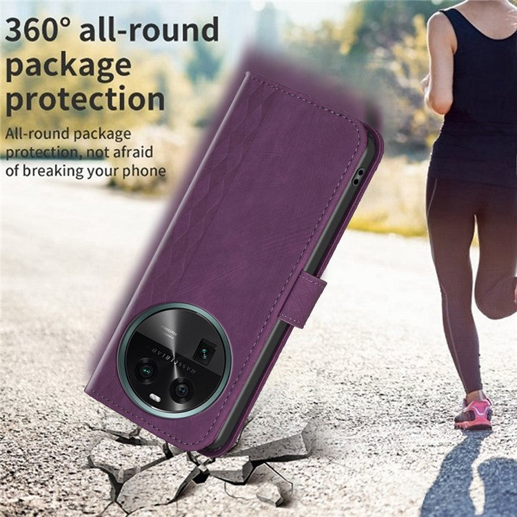 Phone Case for Oppo Find X6 Grid Pattern Imprinted Cover Stand Wallet PU Leather Drop-proof Shell - Purple