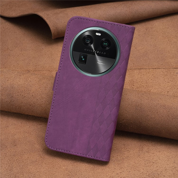 Phone Case for Oppo Find X6 Grid Pattern Imprinted Cover Stand Wallet PU Leather Drop-proof Shell - Purple