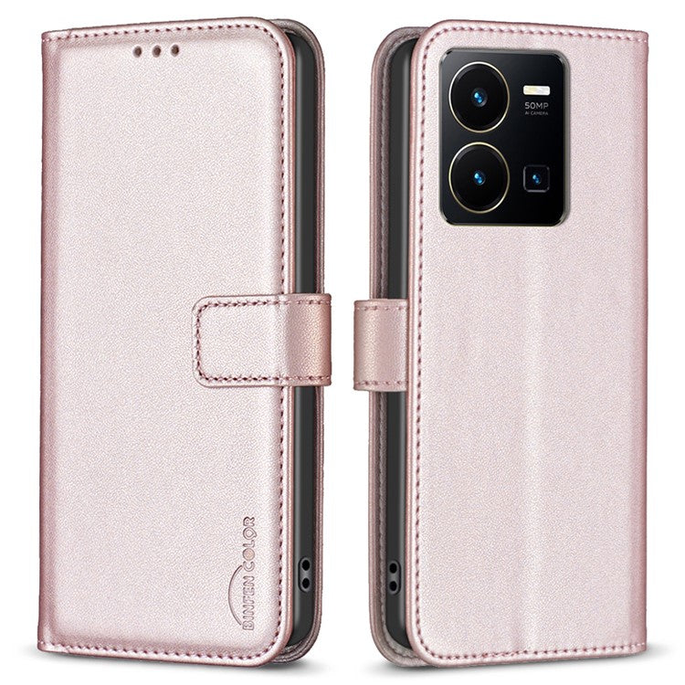 BINFEN COLOR BF17 For vivo Y35 4G (2022) / Y22s 4G PU Leather Wallet Case Stand Phone Cover - Rose Gold