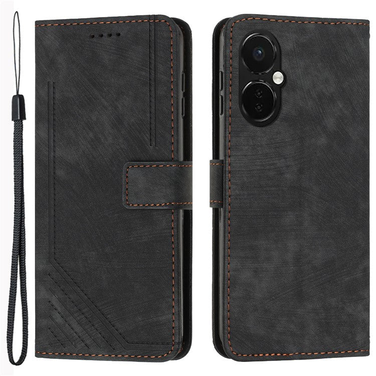 For OnePlus Nord CE3 5G / CE 3 Lite 5G / Nord N30 5G PU Leather Skin-touch Stand Imprinted Lines Wallet Phone Cover - Black