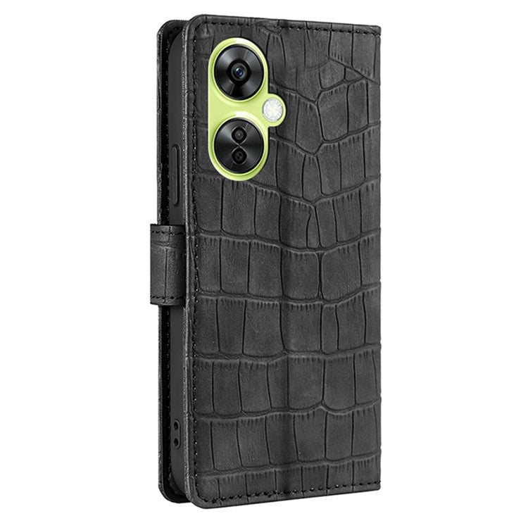 For OnePlus Nord CE 3 Lite 5G / Nord N30 5G PU Leather Crocodile Texture Phone Cover Skin-touch Feeling Stand Wallet Case - Black