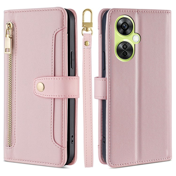 Leather Phone Cover for OnePlus Nord CE 3 Lite 5G / Nord N30 5G Horizontal Stand Wallet Case with Zipper Pocket - Pink