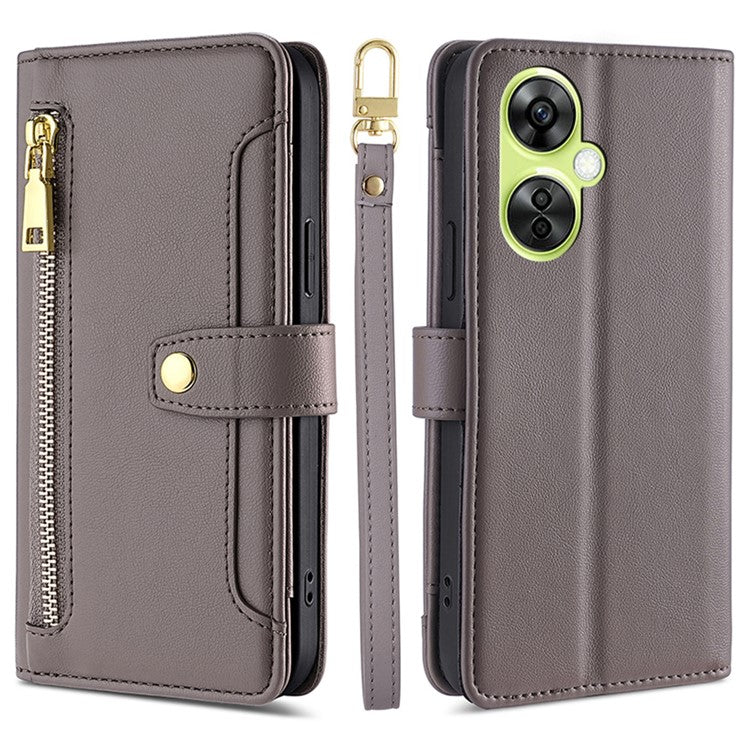 Leather Phone Cover for OnePlus Nord CE 3 Lite 5G / Nord N30 5G Horizontal Stand Wallet Case with Zipper Pocket - Grey