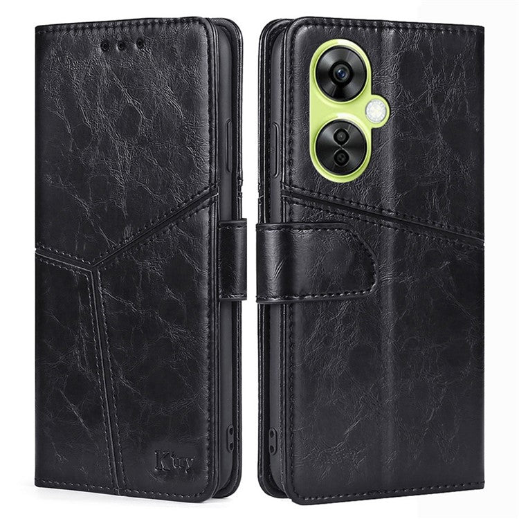 For OnePlus Nord CE 3 Lite 5G / Nord N30 5G PU Leather TPU Interior Protective Case Geometric Splicing Wallet Stand Phone Cover - Black