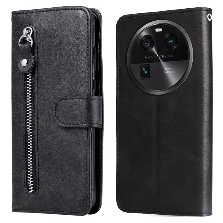 Phone Case for Oppo Find X6 , Calf Texture Zipper Pocket Stand Shell Drop-proof Wallet PU Leather Cover - Black