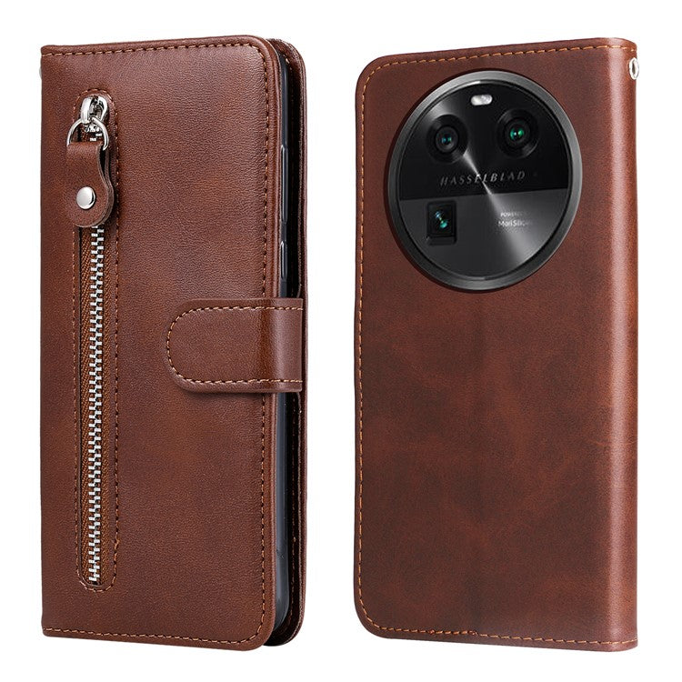 Phone Case for Oppo Find X6 , Calf Texture Zipper Pocket Stand Shell Drop-proof Wallet PU Leather Cover - Black / Brown