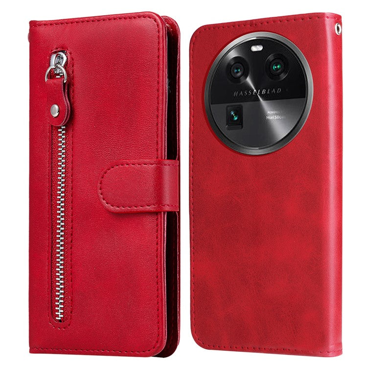 Phone Case for Oppo Find X6 , Calf Texture Zipper Pocket Stand Shell Drop-proof Wallet PU Leather Cover - Red