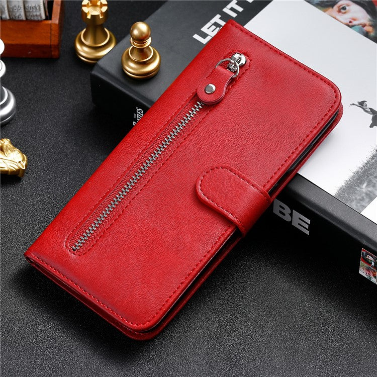 Phone Case for Oppo Find X6 , Calf Texture Zipper Pocket Stand Shell Drop-proof Wallet PU Leather Cover - Red