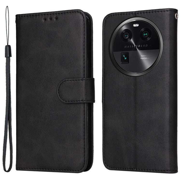Leather Case for Oppo Find X6 Calf Texture Wallet Stand Shockproof Cell Phone Cover with Strap - Black