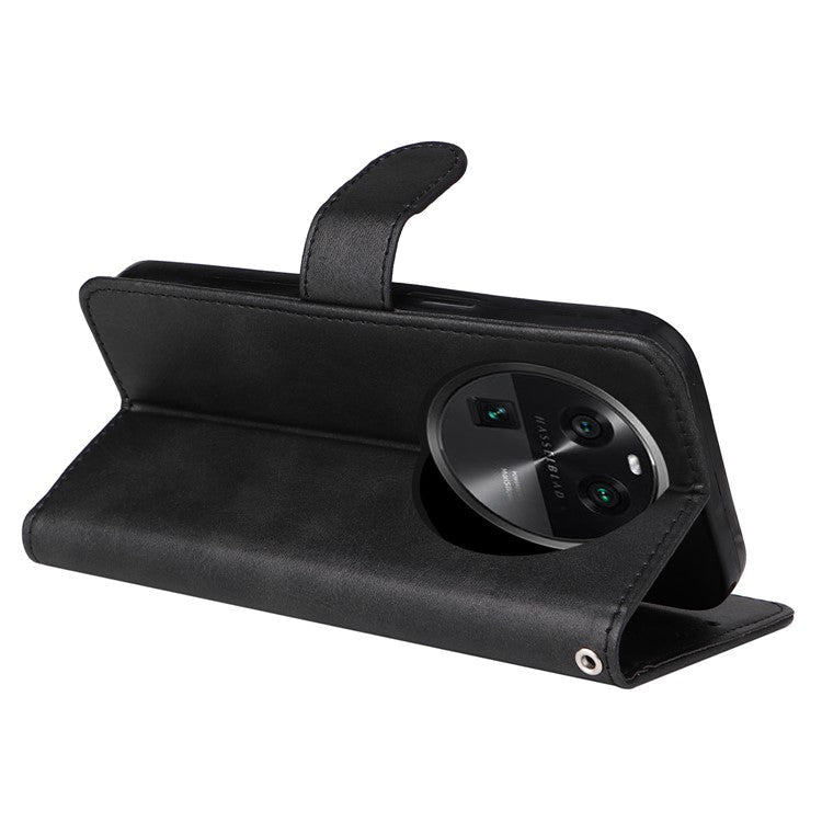 Leather Case for Oppo Find X6 Calf Texture Wallet Stand Shockproof Cell Phone Cover with Strap - Black