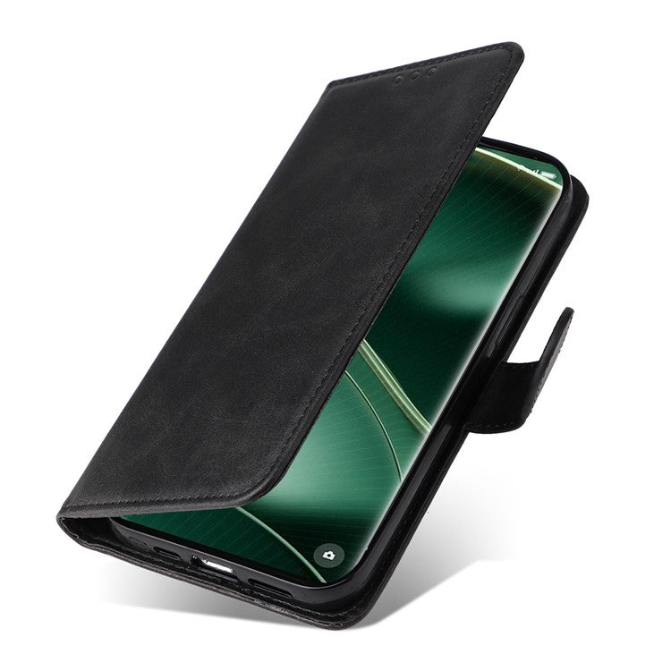 Leather Case for Oppo Find X6 Calf Texture Wallet Stand Shockproof Cell Phone Cover with Strap - Black