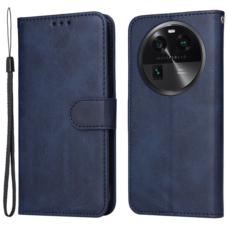 Leather Case for Oppo Find X6 Calf Texture Wallet Stand Shockproof Cell Phone Cover with Strap - Blue
