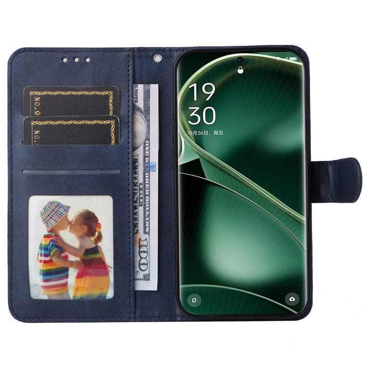 Leather Case for Oppo Find X6 Calf Texture Wallet Stand Shockproof Cell Phone Cover with Strap - Blue
