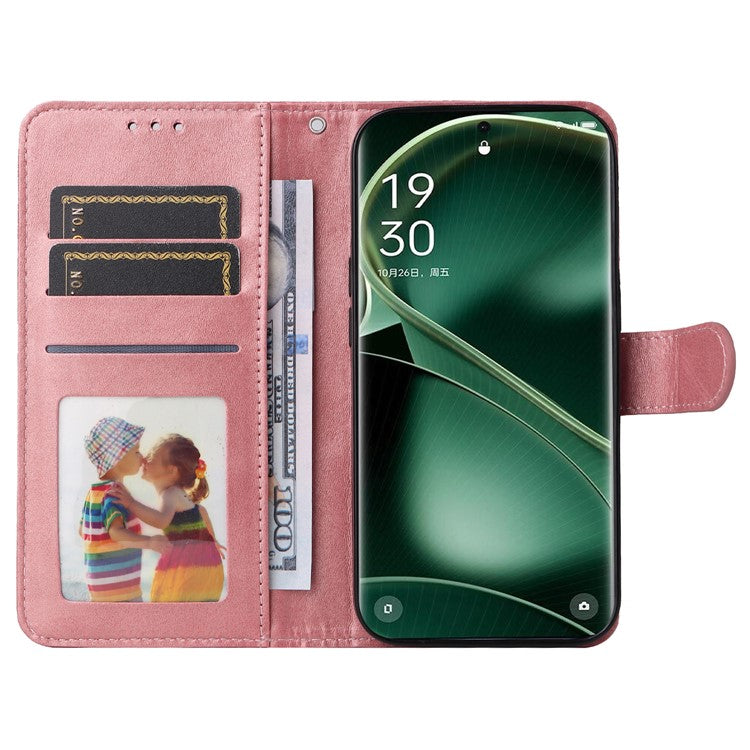 Leather Case for Oppo Find X6 Calf Texture Wallet Stand Shockproof Cell Phone Cover with Strap - Pink