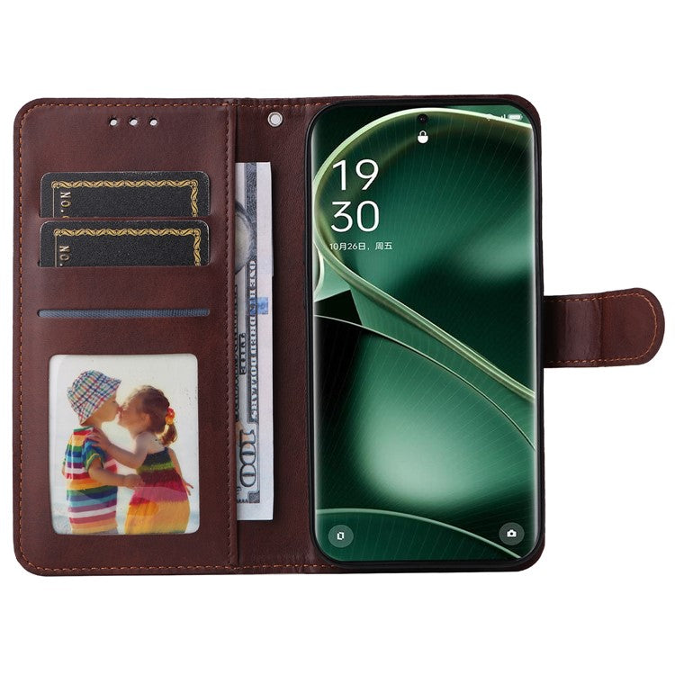 Leather Case for Oppo Find X6 Calf Texture Wallet Stand Shockproof Cell Phone Cover with Strap - Brown