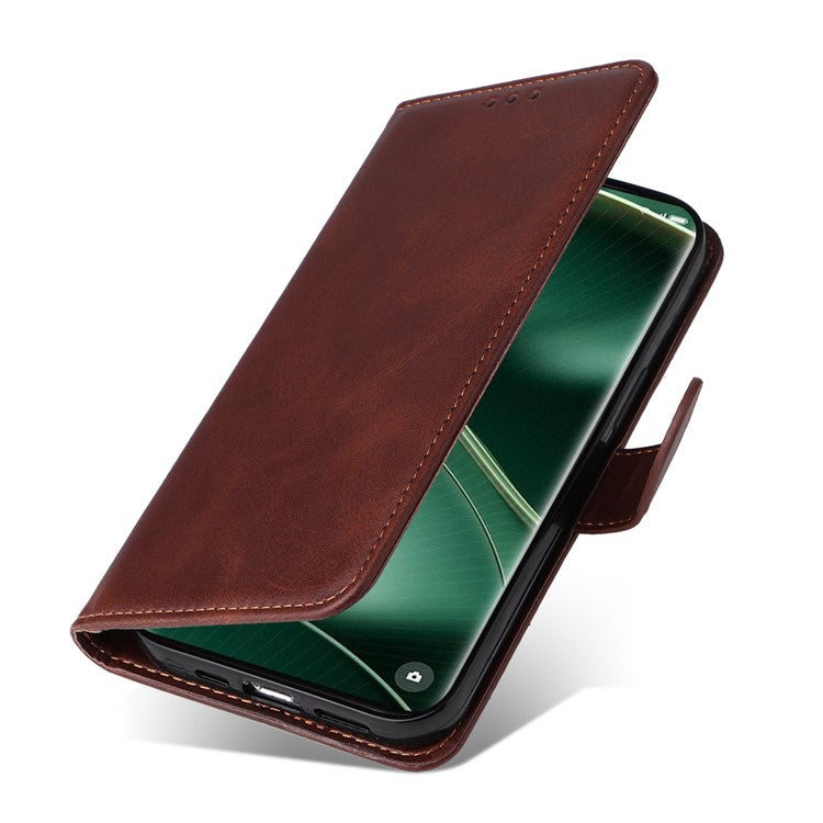 Leather Case for Oppo Find X6 Calf Texture Wallet Stand Shockproof Cell Phone Cover with Strap - Brown