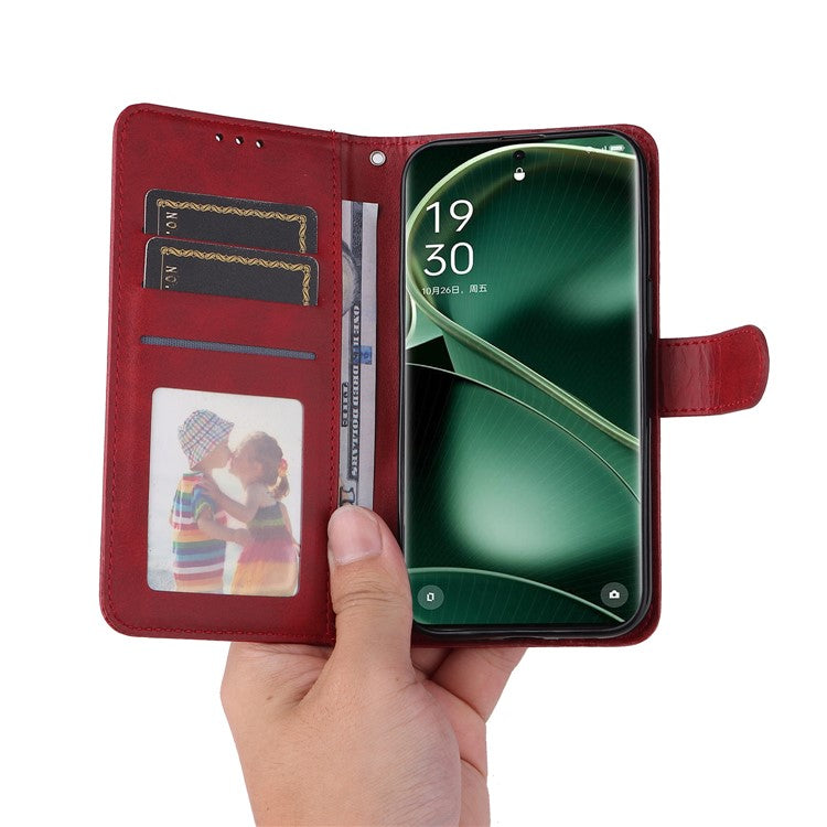 Leather Case for Oppo Find X6 Calf Texture Wallet Stand Shockproof Cell Phone Cover with Strap - Red