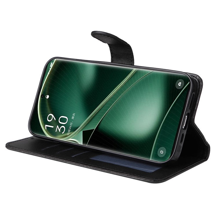 Shockproof Leather Case for Oppo Find X6 Pro Calf Texture Wallet Stand Cell Phone Cover with Strap - Black