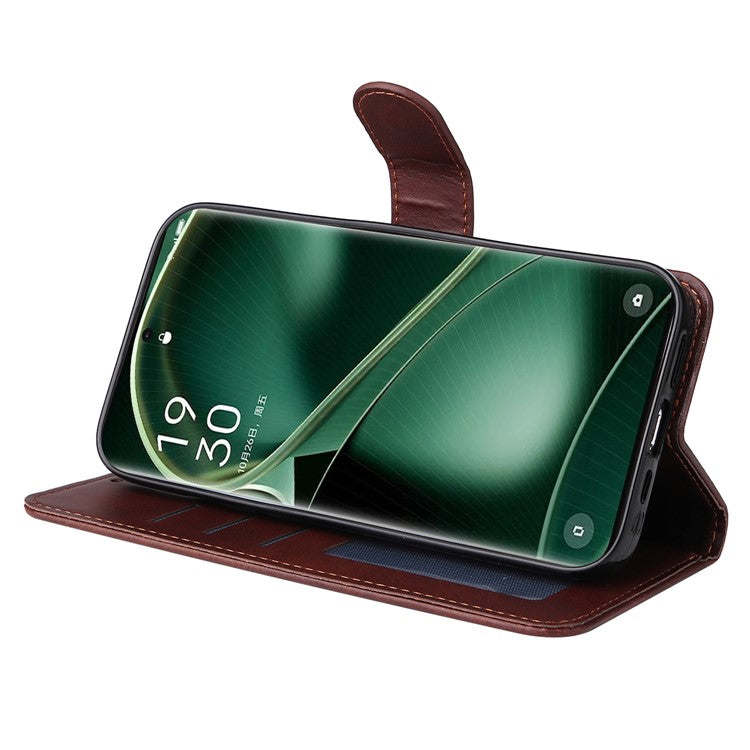 Shockproof Leather Case for Oppo Find X6 Pro Calf Texture Wallet Stand Cell Phone Cover with Strap - Brown