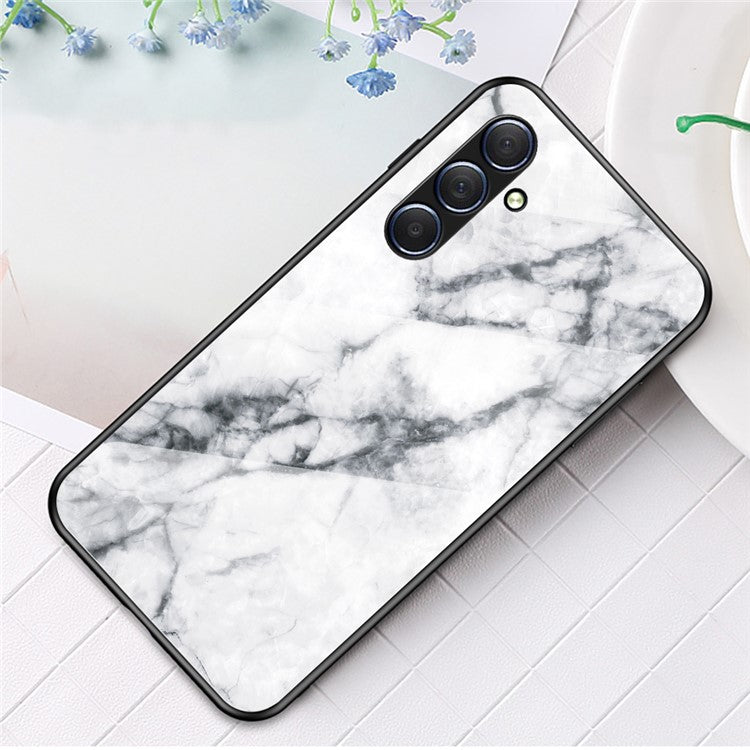 For Samsung Galaxy M54 5G / F54 5G Marble Pattern Phone Case Tempered Glass+PC+TPU Anti-Drop Cover - White Marble