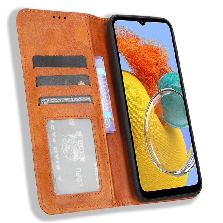For Samsung Galaxy M54 5G / F54 5G PU Leather Vintage Magnetic Cover Stand Flip Wallet Phone Case - Brown