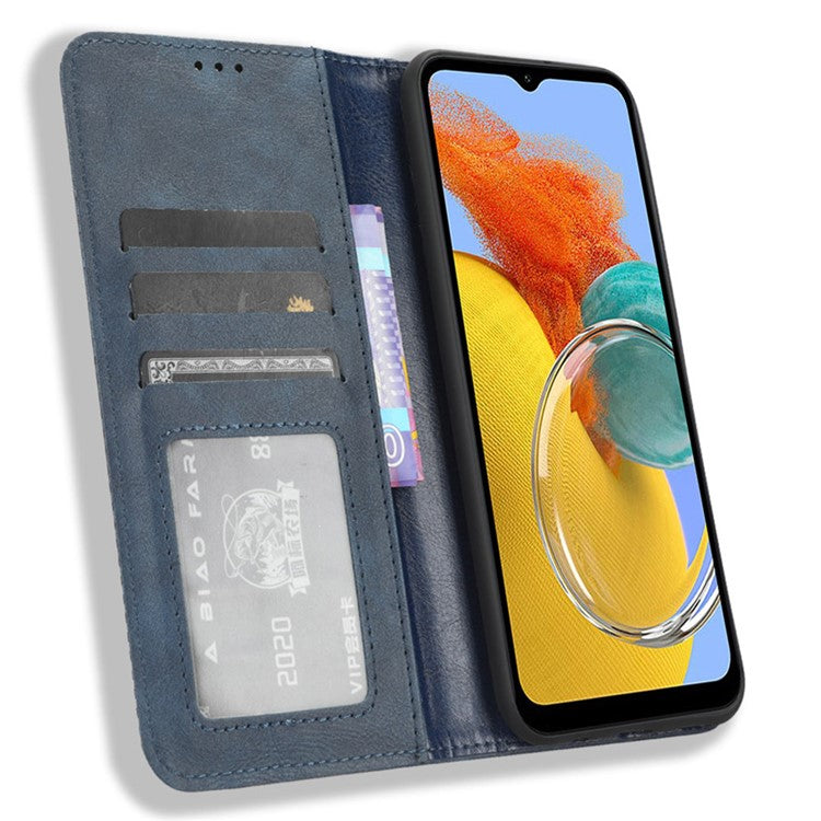 For Samsung Galaxy M54 5G / F54 5G PU Leather Vintage Magnetic Cover Stand Flip Wallet Phone Case - Blue