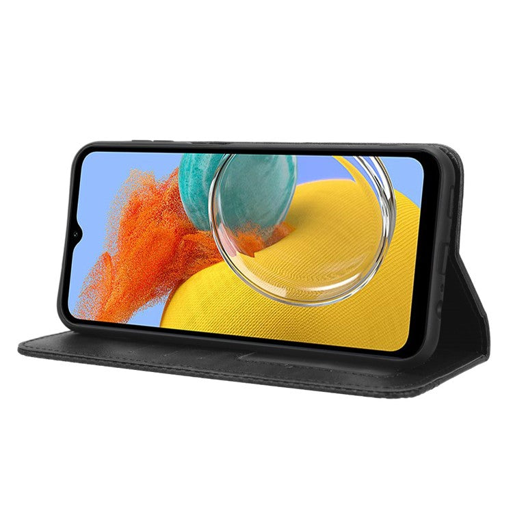 For Samsung Galaxy M54 5G / F54 5G PU Leather Vintage Magnetic Cover Stand Flip Wallet Phone Case - Black