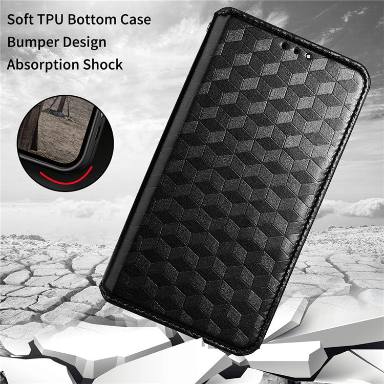 PU Leather Shell for Samsung Galaxy M54 5G / F54 5G Rhombus Imprinted Wallet Phone Case Flip Stand Cover - Black