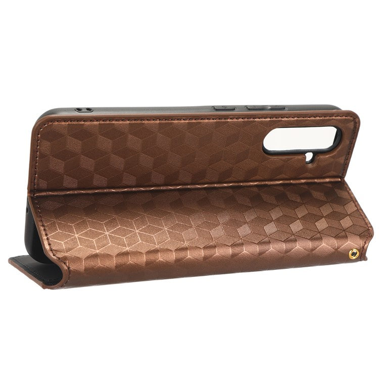 PU Leather Shell for Samsung Galaxy M54 5G / F54 5G Rhombus Imprinted Wallet Phone Case Flip Stand Cover - Brown