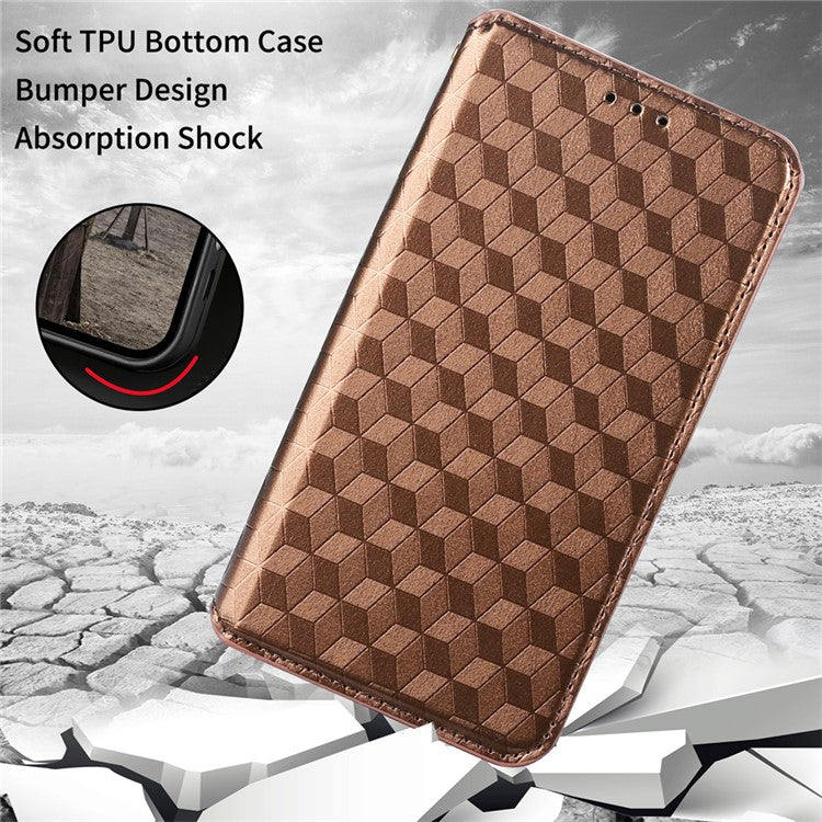 PU Leather Shell for Samsung Galaxy M54 5G / F54 5G Rhombus Imprinted Wallet Phone Case Flip Stand Cover - Brown