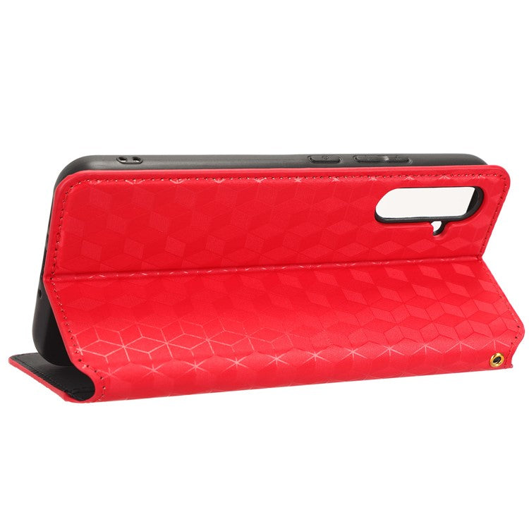 PU Leather Shell for Samsung Galaxy M54 5G / F54 5G Rhombus Imprinted Wallet Phone Case Flip Stand Cover - Red