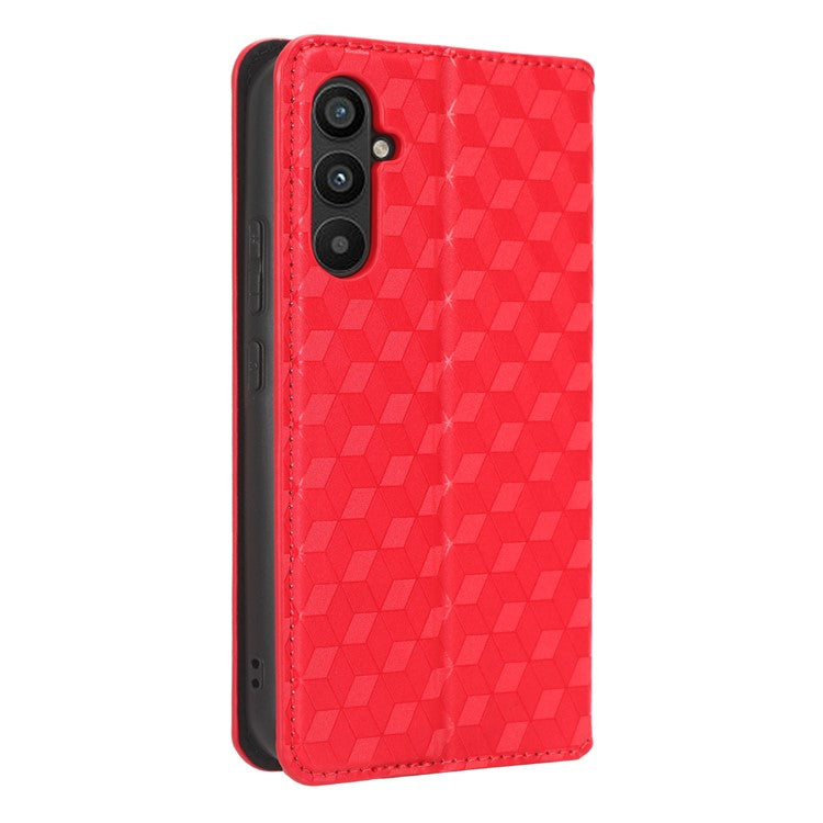 PU Leather Shell for Samsung Galaxy M54 5G / F54 5G Rhombus Imprinted Wallet Phone Case Flip Stand Cover - Red