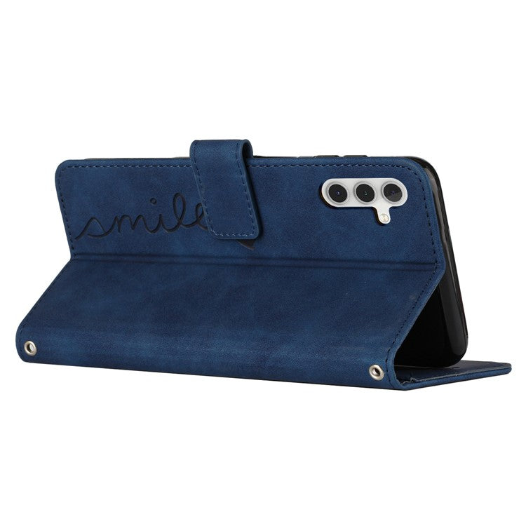 For Samsung Galaxy M14 5G / F14 5G Leather Case Heart Shape Stand Wallet Phone Cover with Shoulder Strap - Sapphire