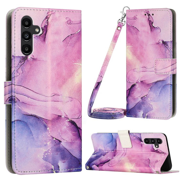 For Samsung Galaxy M14 5G PU Leather Wallet Phone Case Marble Pattern Stand Cover with Shoulder Strap - Purple
