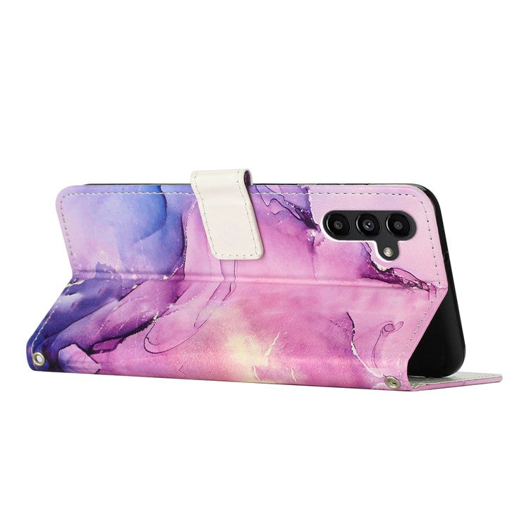 For Samsung Galaxy M14 5G PU Leather Wallet Phone Case Marble Pattern Stand Cover with Shoulder Strap - Purple