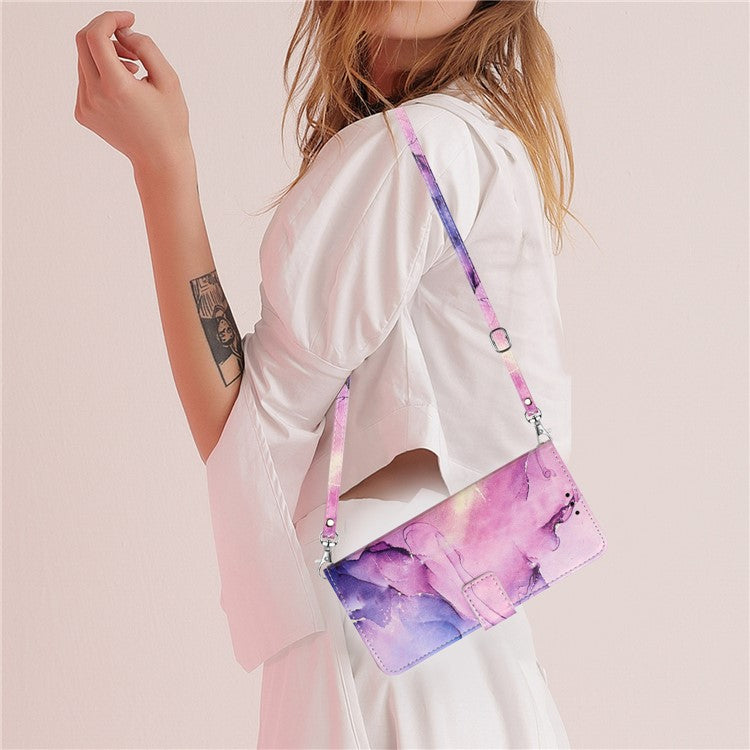 For Samsung Galaxy M14 5G PU Leather Wallet Phone Case Marble Pattern Stand Cover with Shoulder Strap - Purple