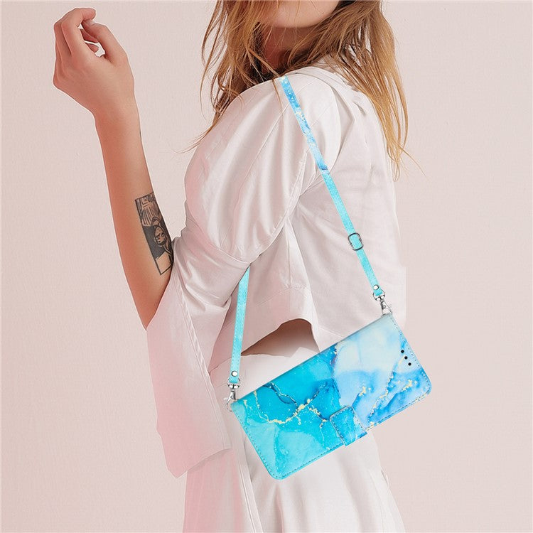 For Samsung Galaxy M14 5G PU Leather Wallet Phone Case Marble Pattern Stand Cover with Shoulder Strap - Blue / Green