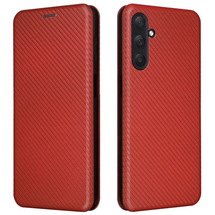 For Samsung Galaxy M54 5G / F54 5G PU Leather Carbon Fiber Texture Phone Case Stand Card Slot Magnetic Cover - Brown