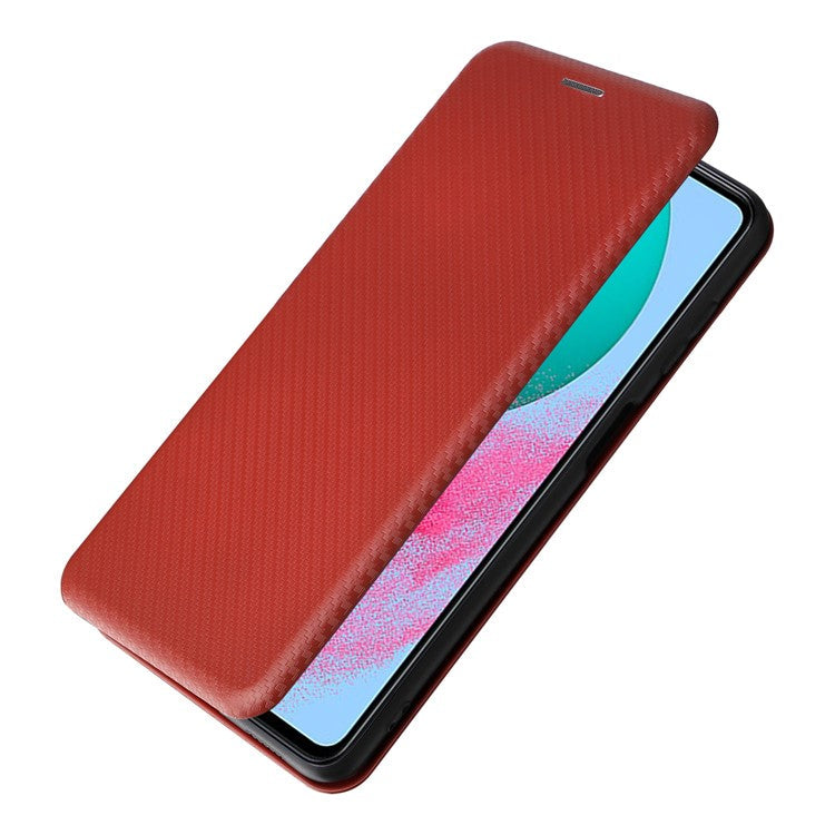 For Samsung Galaxy M54 5G / F54 5G PU Leather Carbon Fiber Texture Phone Case Stand Card Slot Magnetic Cover - Brown