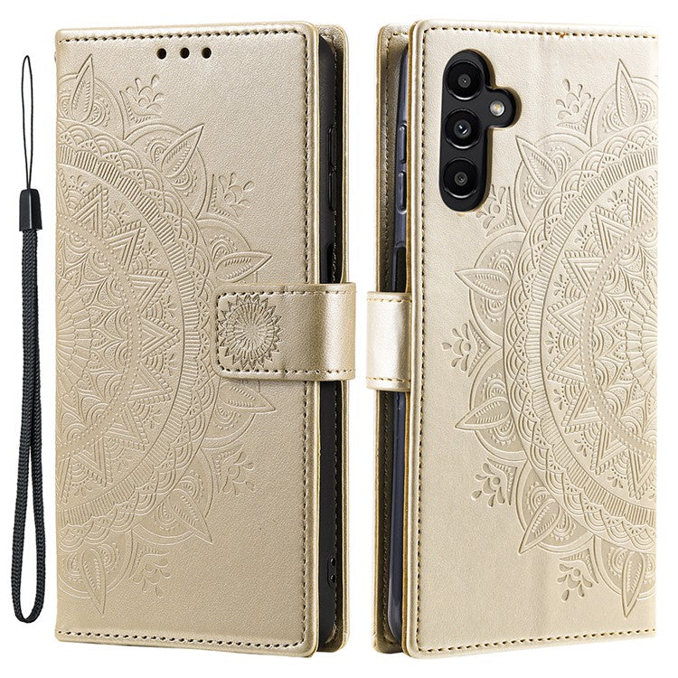 For Samsung Galaxy M54 5G / F54 5G Anti-Scratch PU Leather Wallet Phone Case Mandala Flower Pattern Stand Cover - Gold
