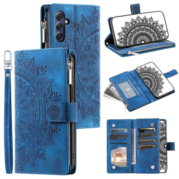 For Samsung Galaxy M54 5G / F54 5G Imprinted Phone Case Imprinted Mandala Flower Pattern PU Leather Stand Cover - Blue