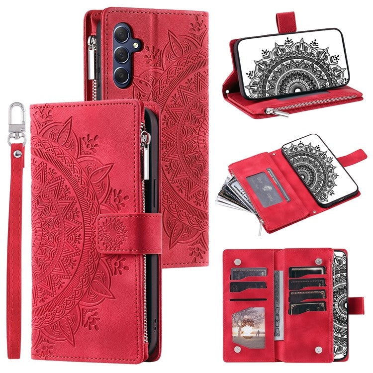 For Samsung Galaxy M54 5G / F54 5G Imprinted Phone Case Imprinted Mandala Flower Pattern PU Leather Stand Cover - Red