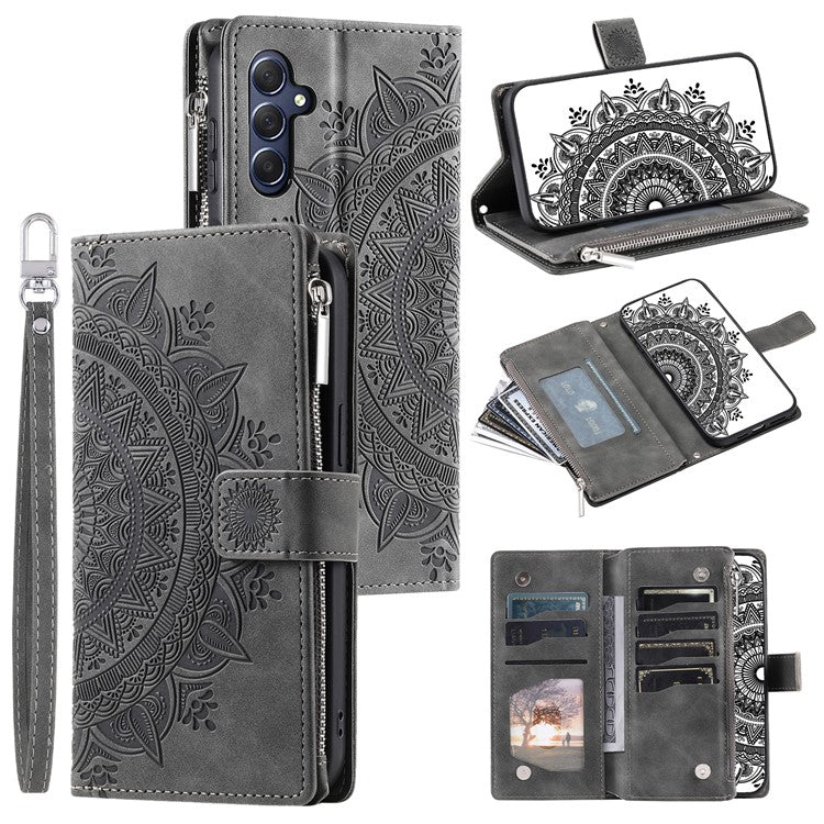 For Samsung Galaxy M54 5G / F54 5G Imprinted Phone Case Imprinted Mandala Flower Pattern PU Leather Stand Cover - Grey