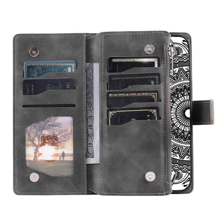 For Samsung Galaxy M54 5G / F54 5G Imprinted Phone Case Imprinted Mandala Flower Pattern PU Leather Stand Cover - Grey